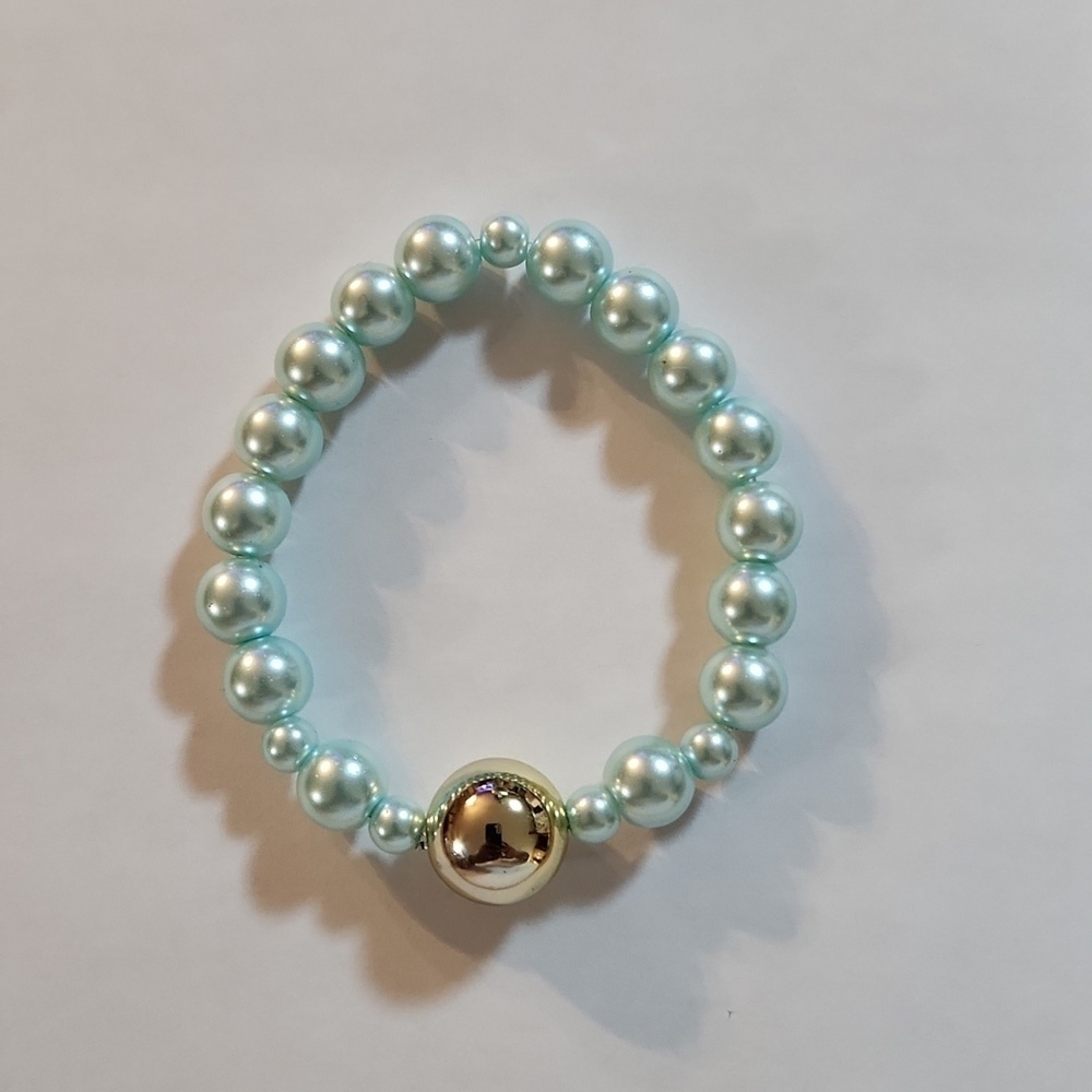 Hand Crafted Stretch Bracelet Pearl Light Blue Gold Focal Bead Bridal